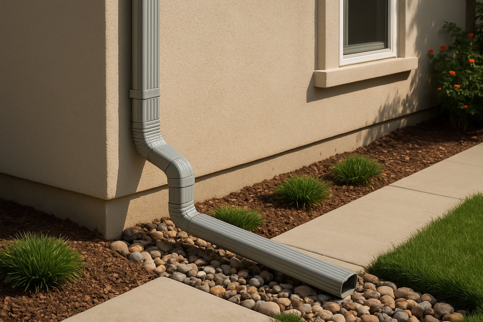 Clean metal downspout with extension directing water away from a home