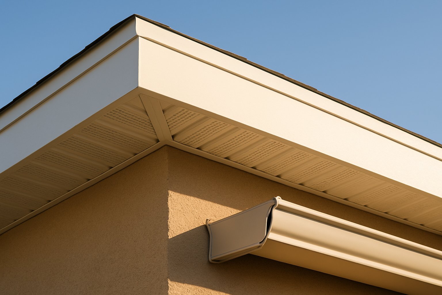 Clean new fascia and vented soffit boards along a residential eave