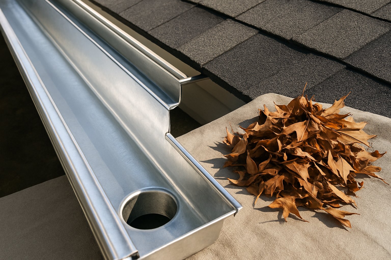 Clean residential gutter with leaves and debris neatly removed