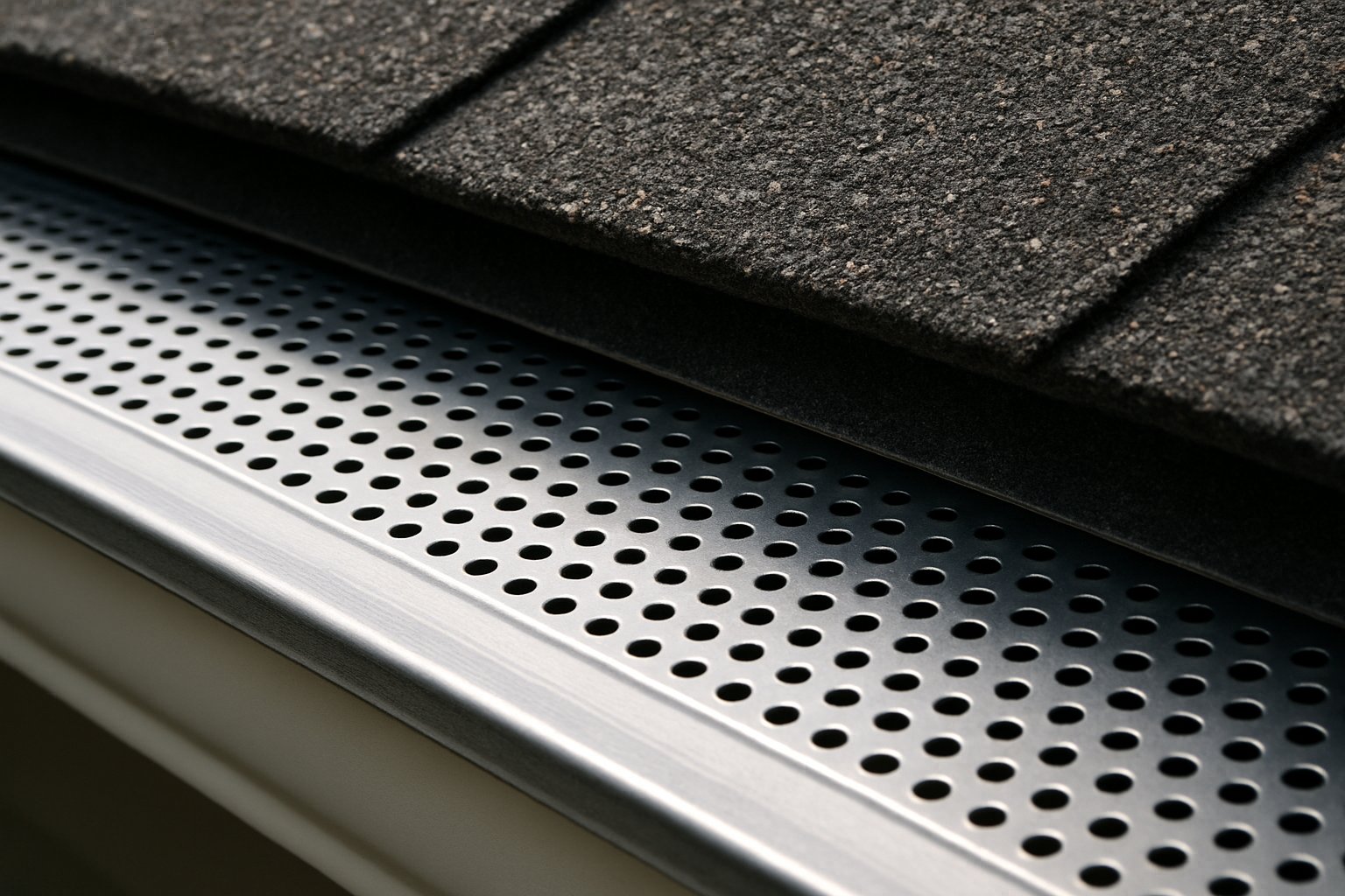 Close detail of clean metal mesh gutter guard along a roof edge