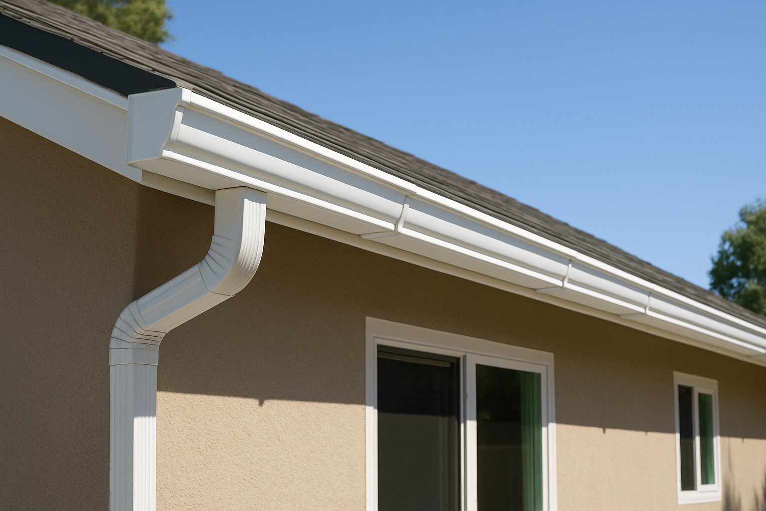 New seamless gutter run installed neatly along a California roofline