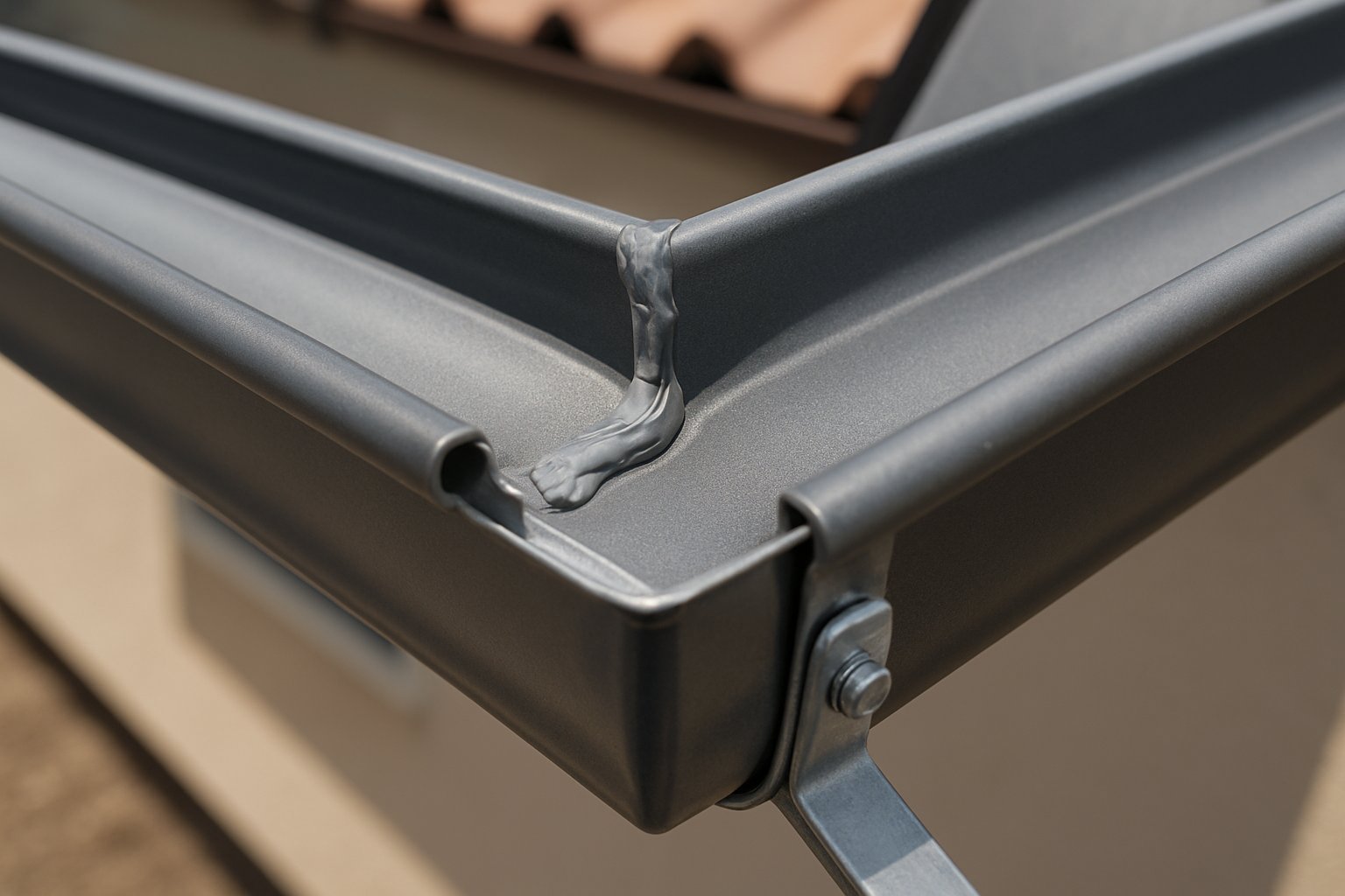 Freshly resealed gutter corner joint shown in close detail